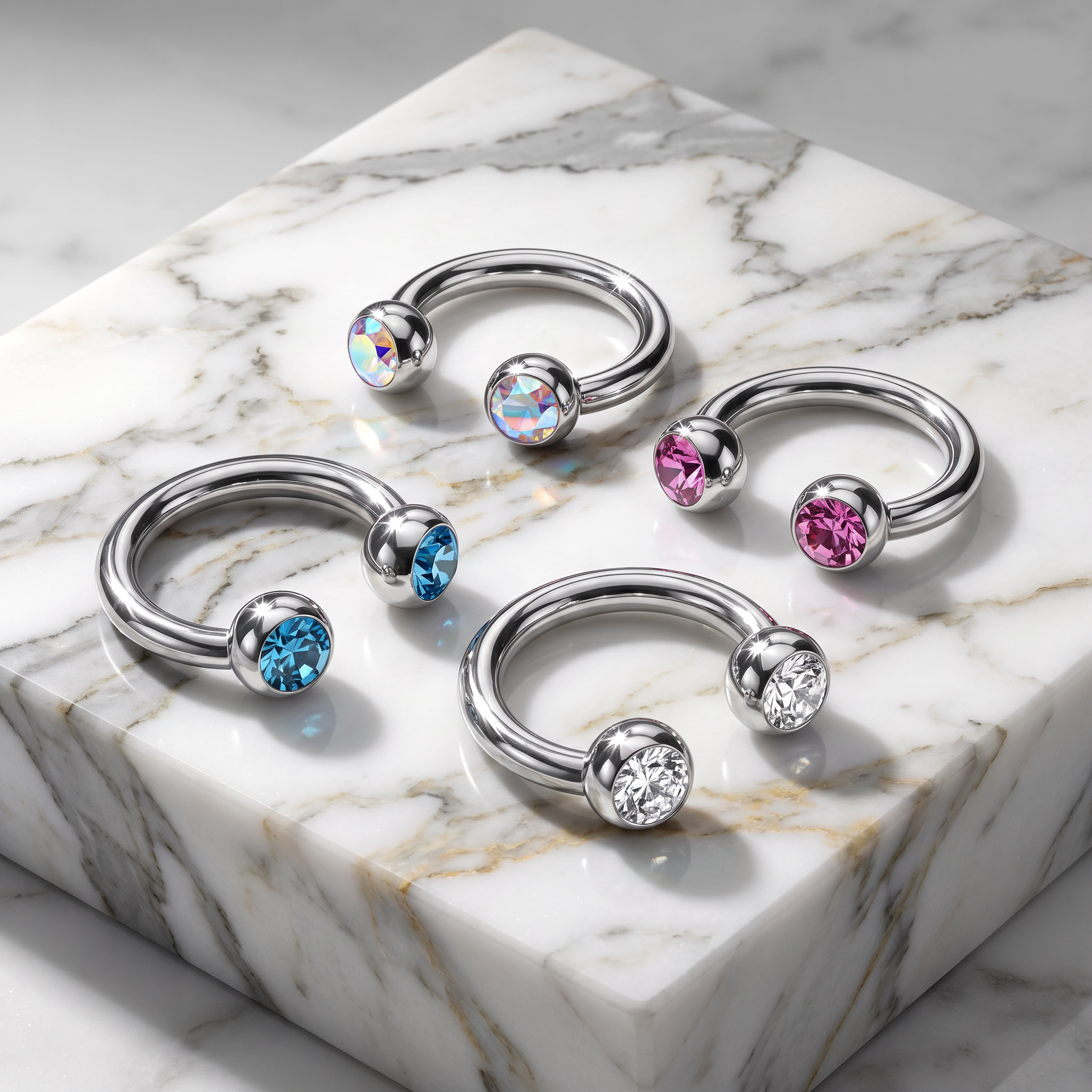 Four silver-toned hoop-style body jewelry pieces with round faceted gemstones in iridescent, blue, pink, and clear settings, arranged on a white marble block.