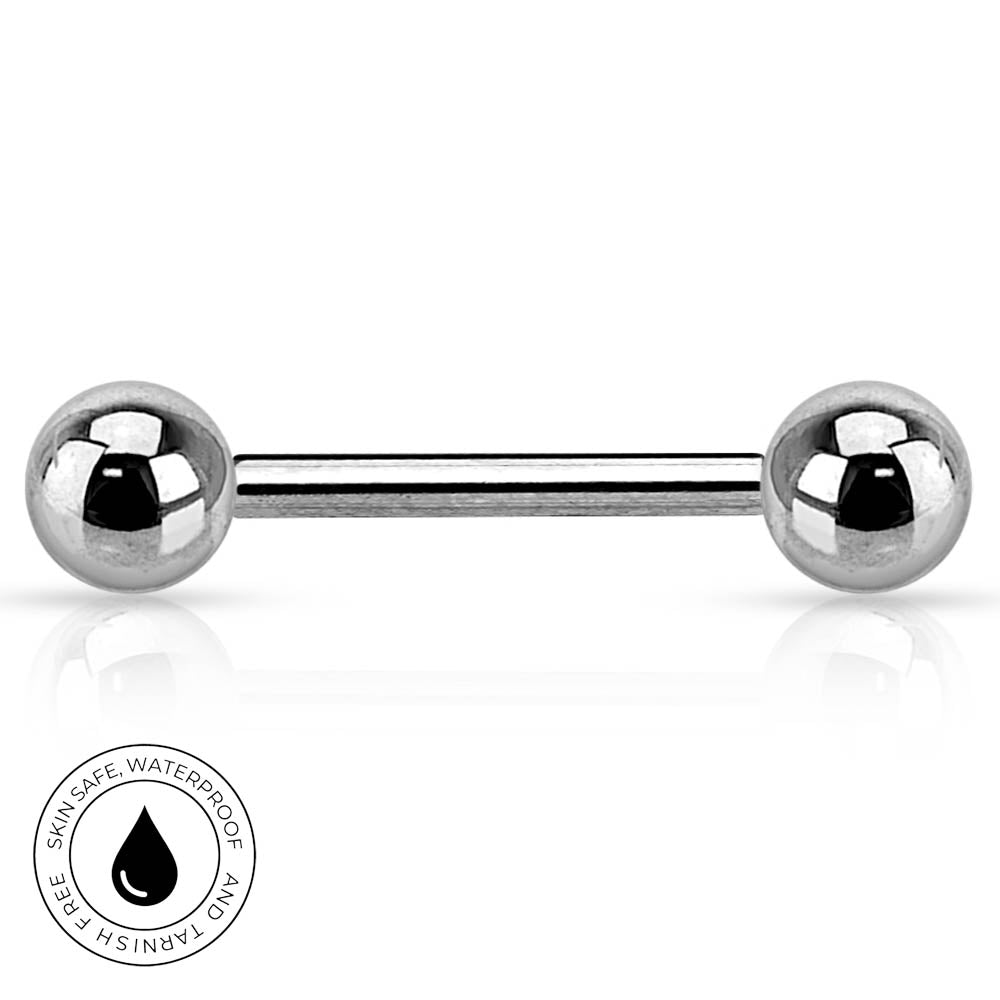 A silver stainless steel ball barbell stud piercing jewelry on a white background with a reflection below and a circular 'Skin Safe Waterproof' logo in the bottom-left corner.
