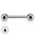 A silver stainless steel ball barbell stud piercing jewelry on a white background with a reflection below and a circular 'Skin Safe Waterproof' logo in the bottom-left corner.