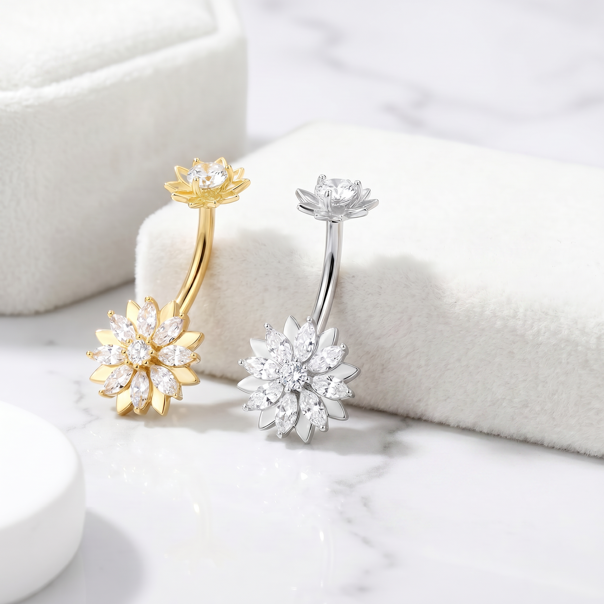 14 Gauge Internally Threaded Crystal Double Flower Belly Bar