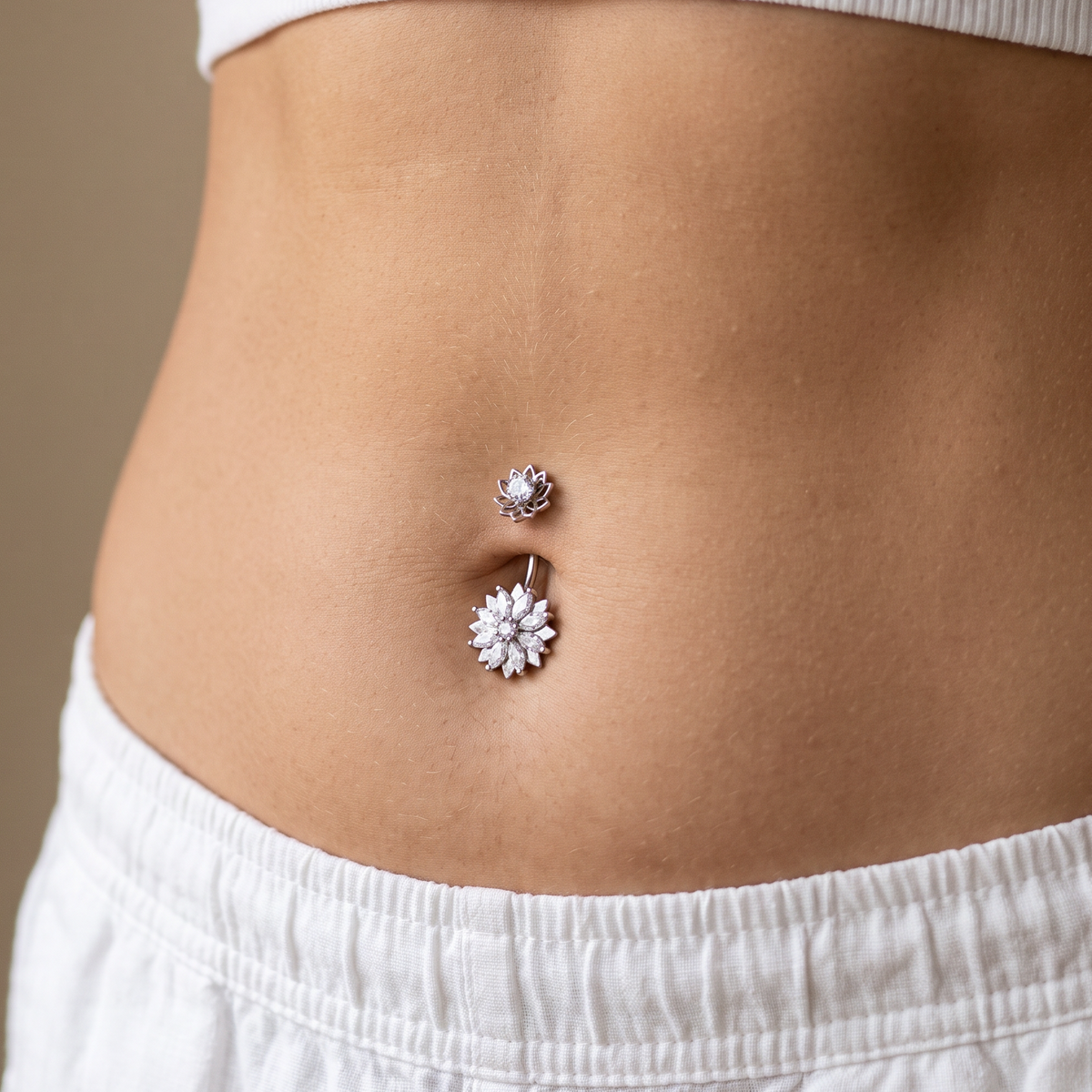 14 Gauge Internally Threaded Crystal Double Flower Belly Bar