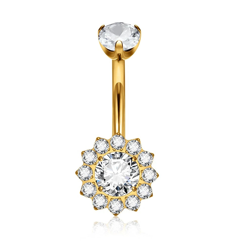 Gold-plated navel piercing barbell with a flower-shaped cluster of clear cubic zirconia stones, featuring a circular inset showing the threaded end detail.