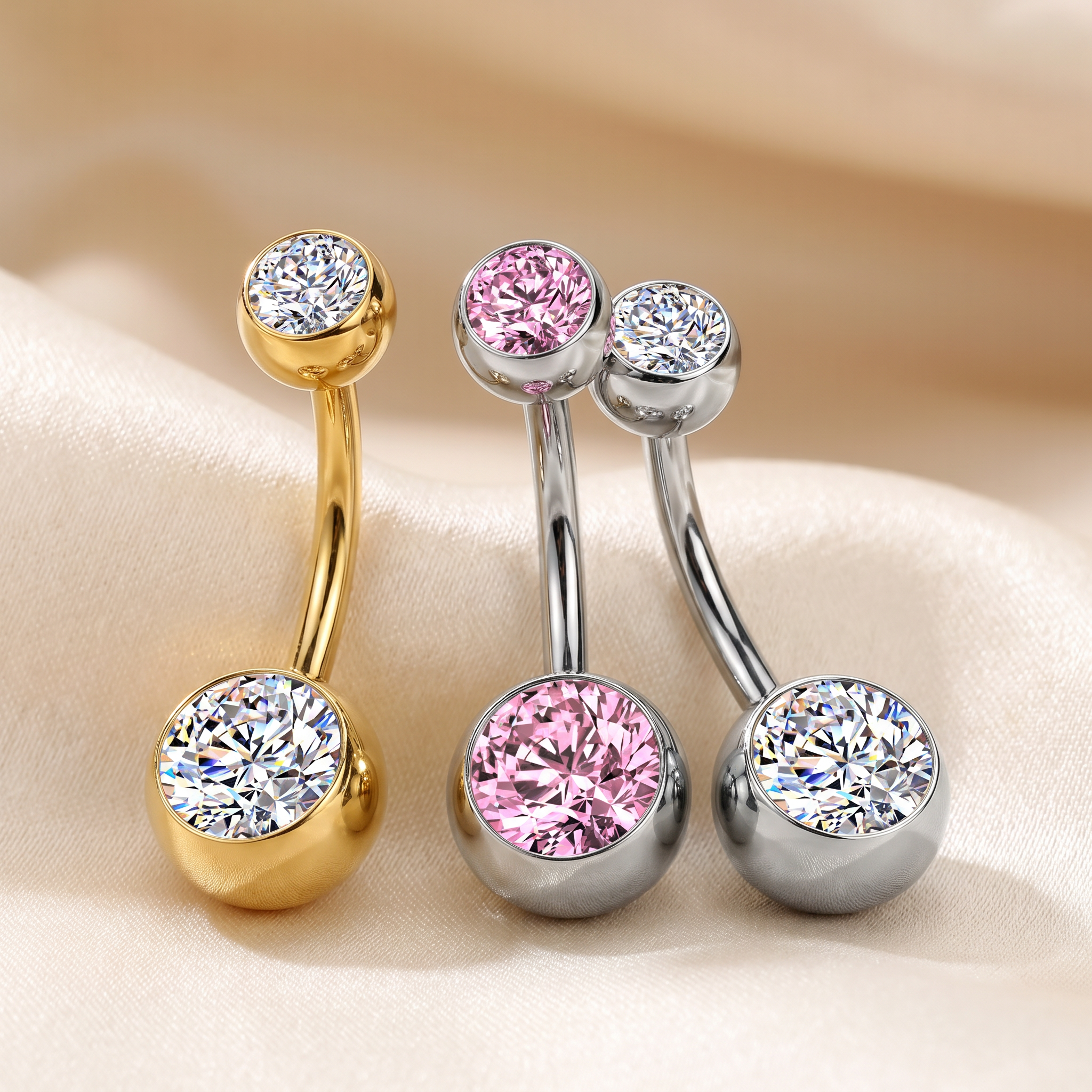 14 Gauge Internally Threaded Titanium Double Crystal Belly Bar