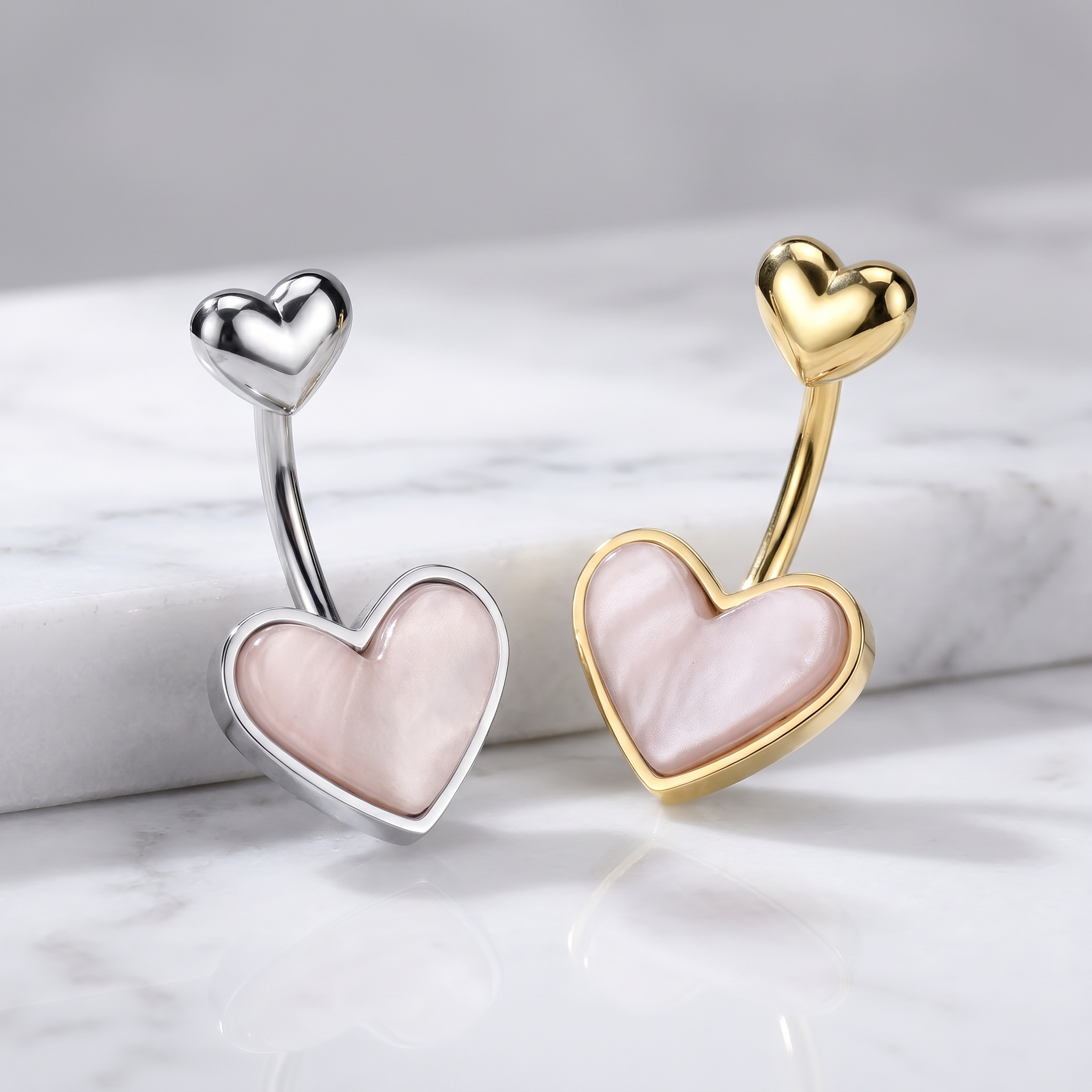 14 Gauge Mother Of Pearl Heart Shaped Belly Button Bar