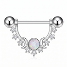 Silver-toned barbell piercing jewelry with a central iridescent white opal and small clear stones, shown on a clean white background.