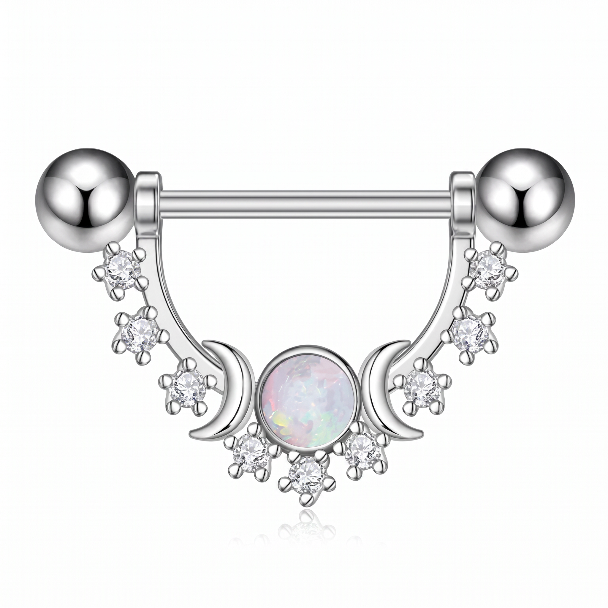 Silver-toned barbell piercing jewelry with a central iridescent white opal and small clear stones, shown on a clean white background.