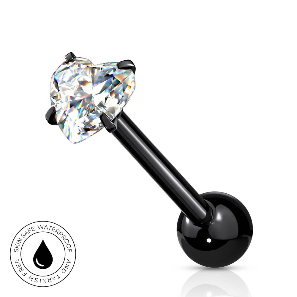 A black barbell piercing stud with a large clear heart-shaped gemstone, shown on a white background with a circular 'Skin Safe Waterproof' badge in the lower-left corner.