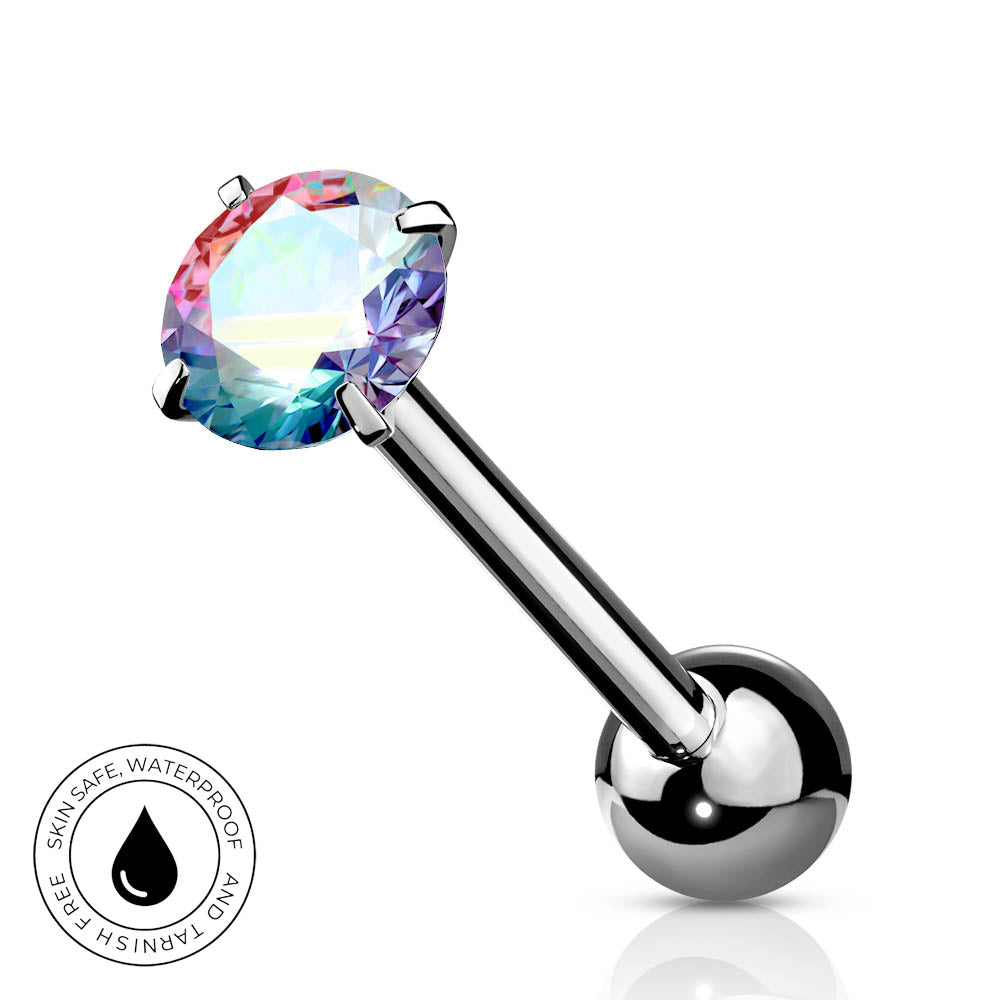 A silver-toned labret piercing barbell with a large, round, iridescent rainbow-colored gemstone on the top and a polished ball end on the bottom, shown on a white background with a small circular 'Skin Safe Waterproof' badge in the lower left corner.