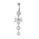 Silver belly button ring with bow and crystal design on a white background