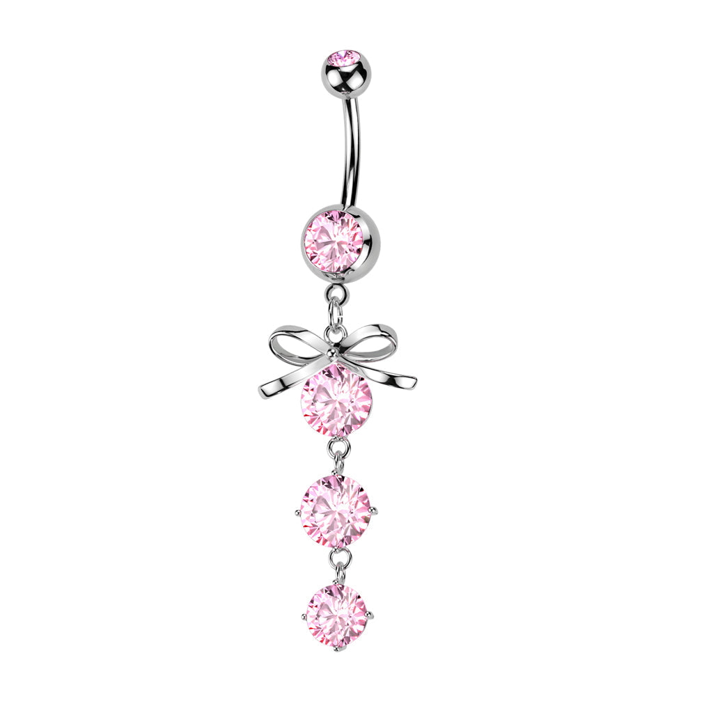 14 Gauge Silver Dangling Crystal Bow Belly Button Bar