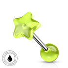 A star-shaped labret piercing stud in translucent neon yellow-green, featuring a polished stainless steel barbell and a smooth round bead end. A circular 'Skin Safe Waterproof' badge is shown in the bottom-left corner on a clean white background.