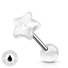 A clear acrylic star-shaped labret piercing stud with a polished silver-colored metal barbell and a spherical clear acrylic end, shown on a white background with a circular 'Skincare Waterproof' badge in the lower-left corner.