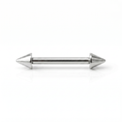 A silver-toned metal barbell stud with conical spike ends, shown horizontally on a clean white background.