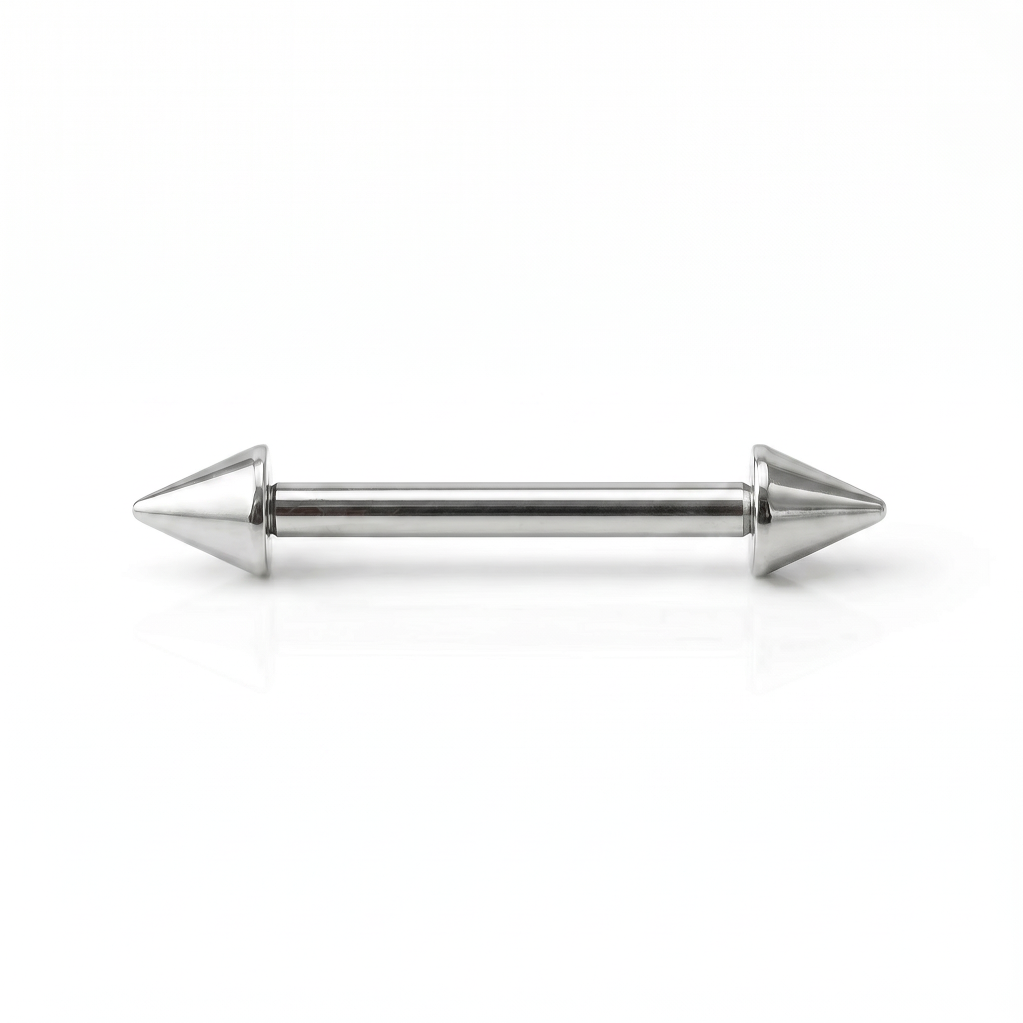 A silver-toned metal barbell stud with conical spike ends, shown horizontally on a clean white background.