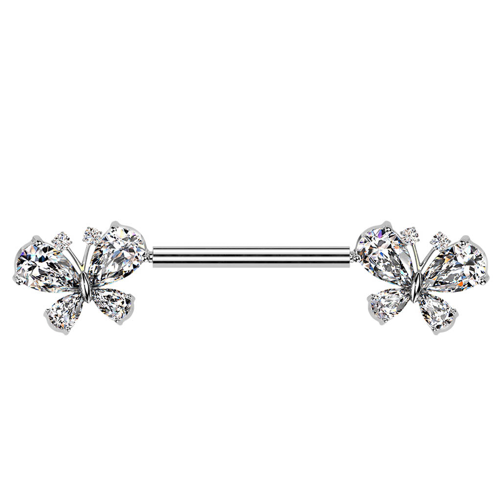 14 Gauge Threadless Crystal Butterfly Nipple Barbell