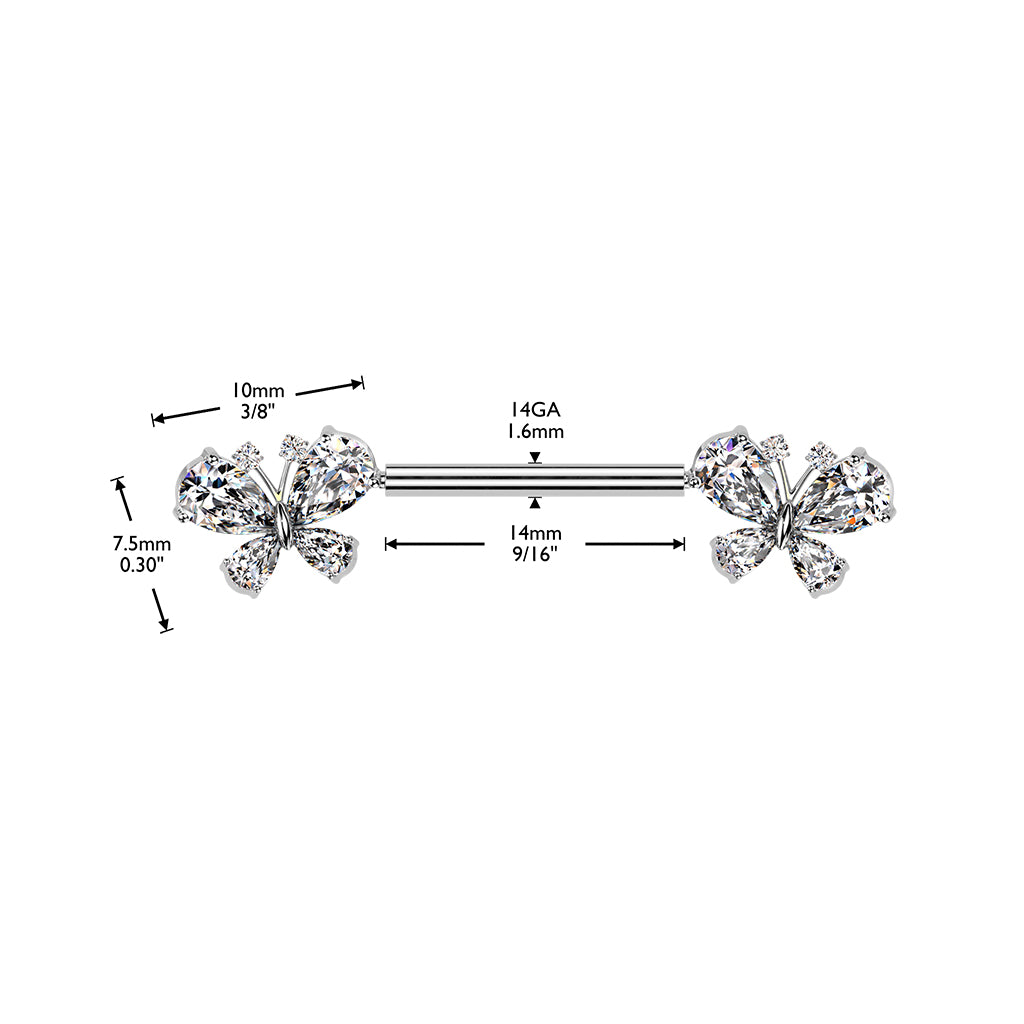 14 Gauge Threadless Crystal Butterfly Nipple Barbell