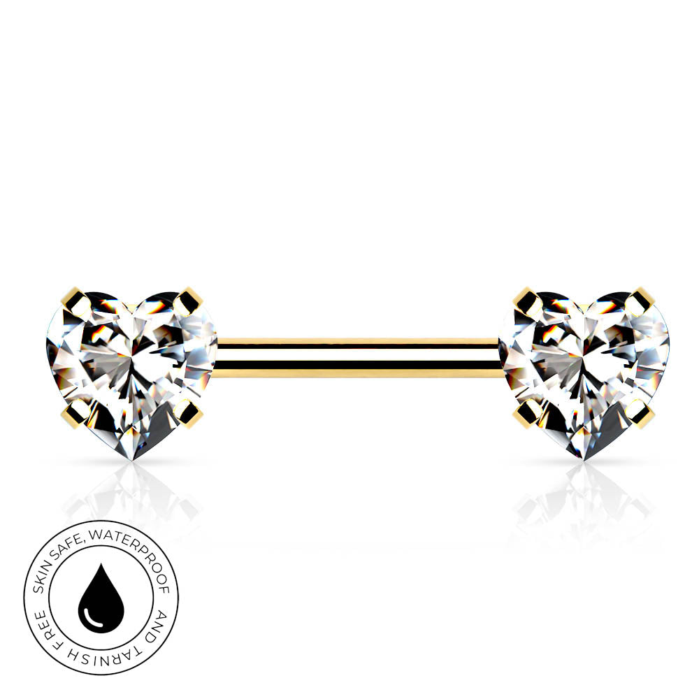 A gold-plated barbell nose ring with two heart-shaped clear gemstones, shown on a white background with a small circular 'skin-safe waterproof' badge in the lower-left corner.