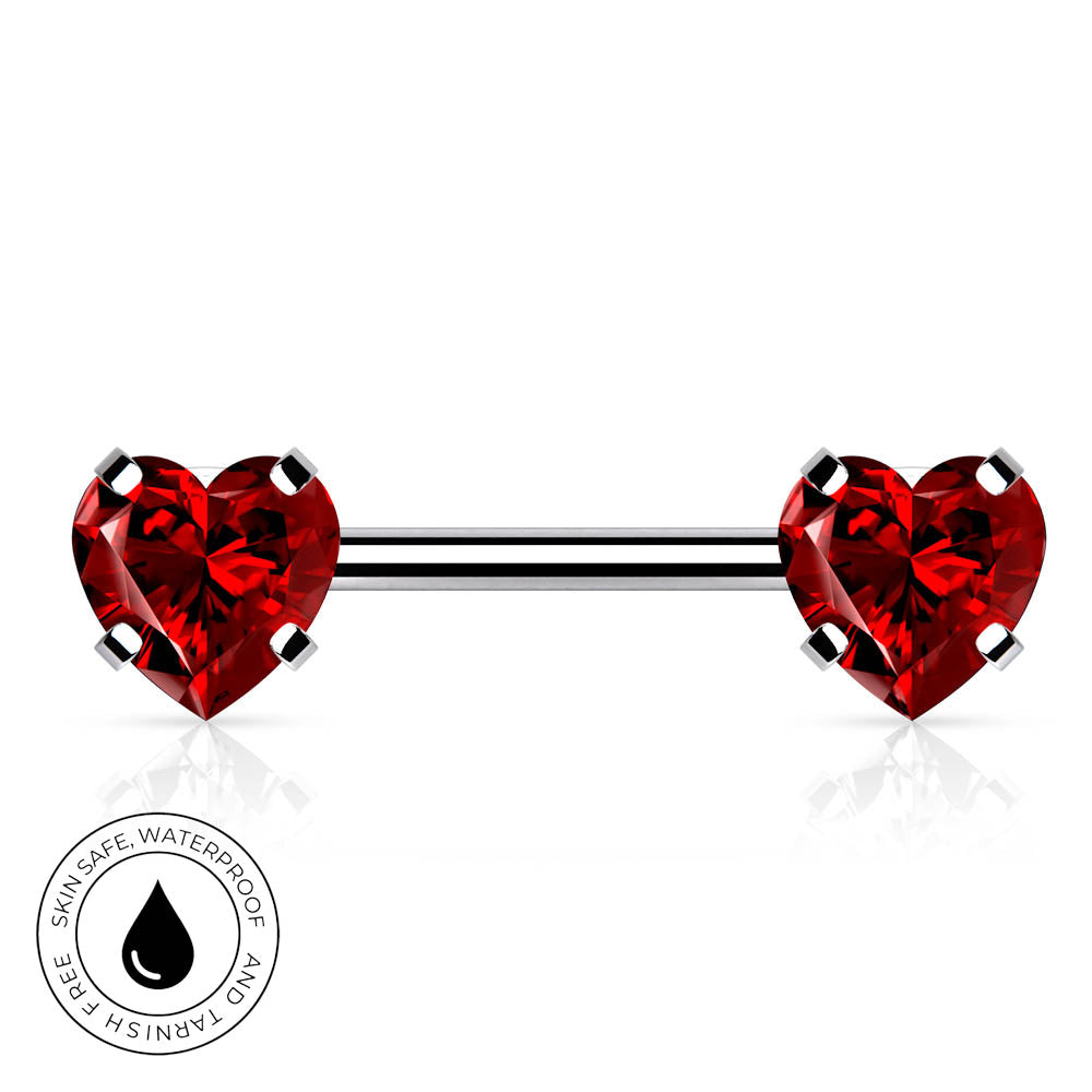 A silver-toned barbell piercing jewelry piece with two heart-shaped red gemstones, shown on a white background with a circular 'Skin Safe Waterproof' badge in the lower-left corner.