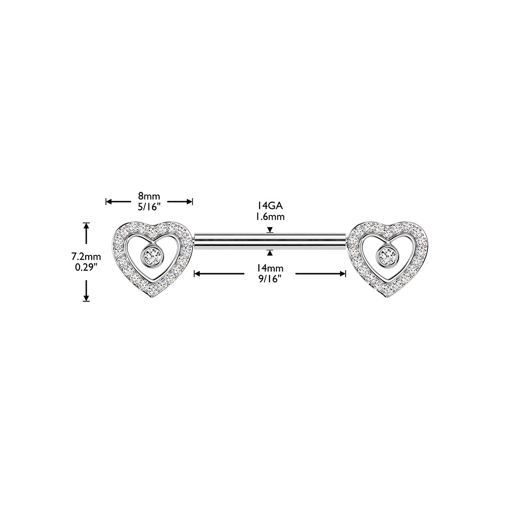 14 Gauge Threadless Crystal Heart Nipple Barbell