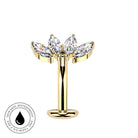 A gold-plated flower-shaped labret piercing stud with marquise-cut clear crystals, shown on a plain white background with a circular 'Skin Safe Waterproof' badge in the bottom-left corner.
