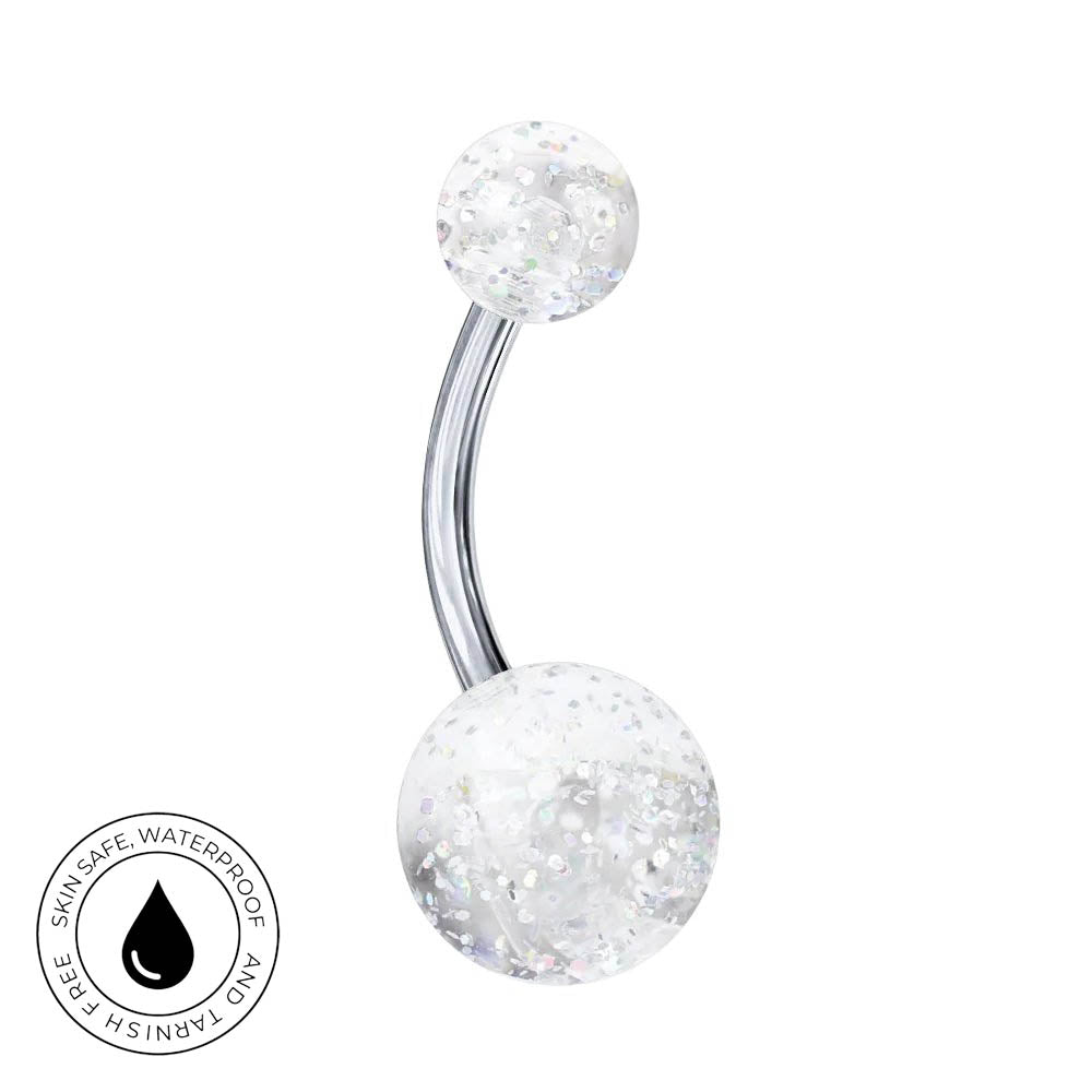 A curved barbell navel piercing jewelry piece with clear, glitter-filled spheres at both ends and a polished silver-tone metal center, shown on a plain white background with a circular 'Skin Safe Waterproof' badge in the lower-left corner.