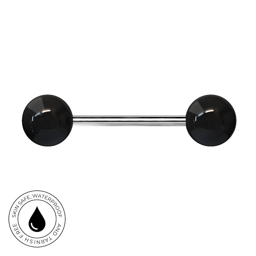 A barbell-style body jewelry piercing with two glossy black spherical ends and a polished silver-toned center post, shown on a plain white background. A circular 'Skin Safe Waterproof' badge appears in the lower-left corner.