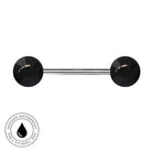 A barbell-style body jewelry piercing with two glossy black spherical ends and a polished silver-toned center post, shown on a plain white background. A circular 'Skin Safe Waterproof' badge appears in the lower-left corner.
