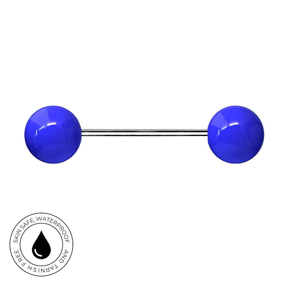 A two-ball labret piercing barbell with glossy cobalt blue spheres on a polished stainless steel post, shown on a white background with a circular 'Skin Safe Waterproof' certification badge in the bottom-left corner.