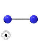 A two-ball labret piercing barbell with glossy cobalt blue spheres on a polished stainless steel post, shown on a white background with a circular 'Skin Safe Waterproof' certification badge in the bottom-left corner.