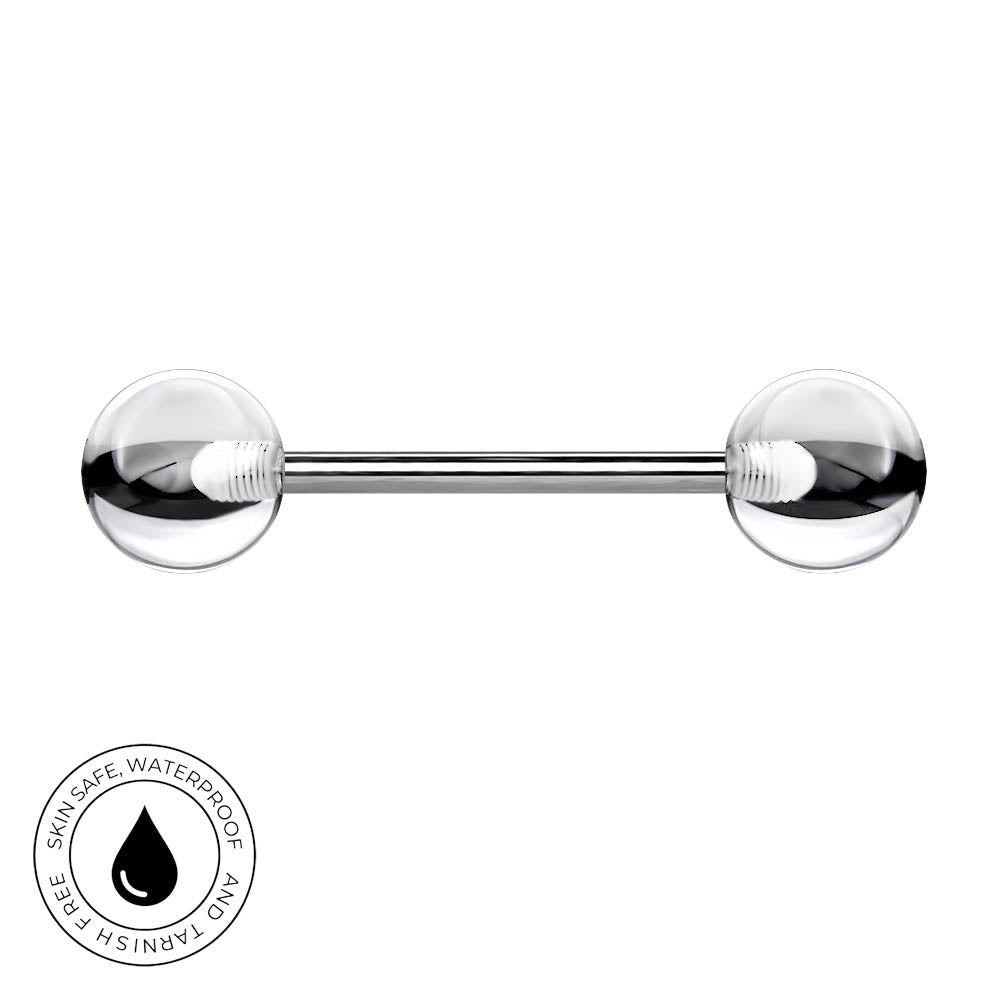 A polished stainless steel barbell piercing with two clear, spherical glass or acrylic ends, shown against a plain white background with a circular 'Skin Safe Waterproof' certification badge in the bottom-left corner.
