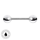 A polished stainless steel barbell piercing with two clear, spherical glass or acrylic ends, shown against a plain white background with a circular 'Skin Safe Waterproof' certification badge in the bottom-left corner.