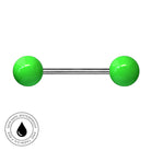 A barbell-style body jewelry piece with two bright green spherical ends and a straight silver metal center, shown on a plain white background. A circular badge in the lower left says skin-safe, waterproof, and tarnish-free.