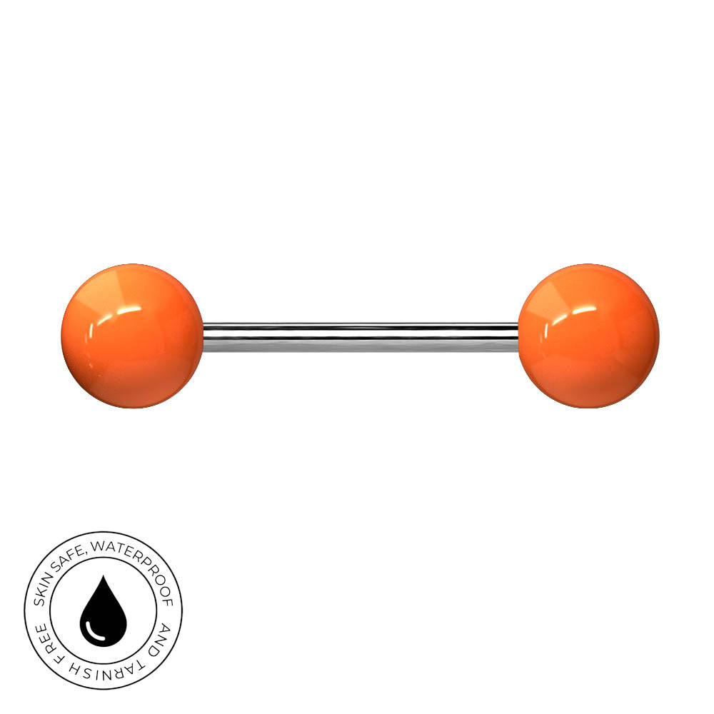 A barbell-style body jewelry piece with two glossy orange spherical ends connected by a straight silver metal bar, shown on a plain white background with a small circular waterproof badge in the lower left corner.