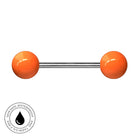 A barbell-style body jewelry piece with two glossy orange spherical ends connected by a straight silver metal bar, shown on a plain white background with a small circular waterproof badge in the lower left corner.