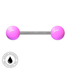 A barbell-style body jewelry piece with two glossy pink spherical ends connected by a straight silver metal bar, shown on a plain white background with a circular 'skin-safe waterproof' badge in the lower left corner.