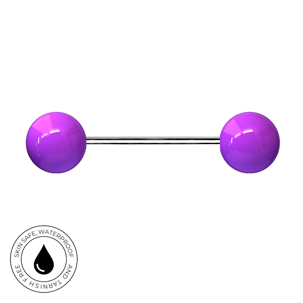 A two-piece labret piercing barbell with spherical purple ends and a silver-colored metal bar, shown on a plain white background with a circular 'Skin Safe Waterproof' certification badge in the bottom-left corner.