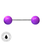 A two-piece labret piercing barbell with spherical purple ends and a silver-colored metal bar, shown on a plain white background with a circular 'Skin Safe Waterproof' certification badge in the bottom-left corner.