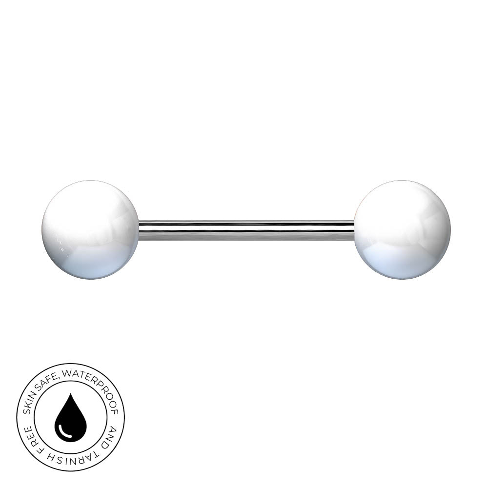A barbell-style body jewelry piece with two large white spherical ends and a slim silver center bar, shown on a plain white background. A circular badge in the lower left says skin-safe waterproof and tarushi free with a droplet icon.