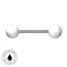 A barbell-style body jewelry piece with two large white spherical ends and a slim silver center bar, shown on a plain white background. A circular badge in the lower left says skin-safe waterproof and tarushi free with a droplet icon.