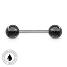 A barbell-style body jewelry piercing with two round black speckled ends and a polished silver-toned center bar, shown on a white background with a circular waterproof badge in the lower left corner.