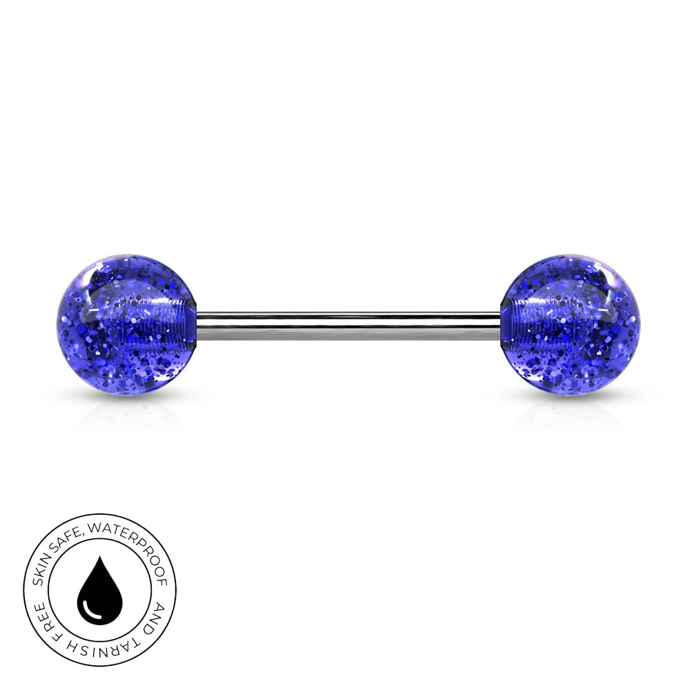 A barbell-style body jewelry piercing with two round purple glitter-filled ends and a silver-toned center bar, shown on a white background with a circular 'skin-safe waterproof' badge in the lower left.