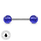 A barbell-style body jewelry piercing with two round purple glitter-filled ends and a silver-toned center bar, shown on a white background with a circular 'skin-safe waterproof' badge in the lower left.