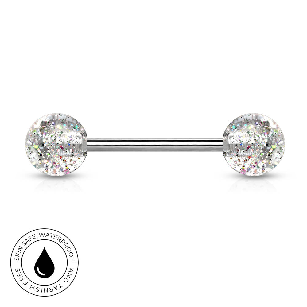 A silver-toned labret barbell piercing with two round, clear glitter-covered ends, shown on a white background with a circular 'Skin Safe Waterproof' badge in the lower-left corner.