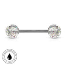 A silver-toned labret barbell piercing with two round, clear glitter-covered ends, shown on a white background with a circular 'Skin Safe Waterproof' badge in the lower-left corner.
