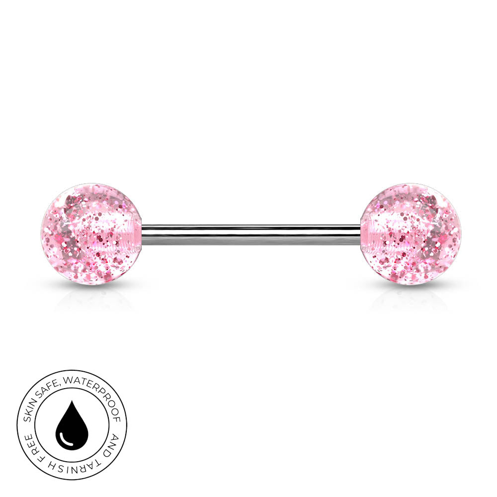 A pink glitter barbell piercing stud with a silver-toned metal bar, shown on a white background with a circular 'Skin Safe Waterproof' badge in the bottom-left corner.