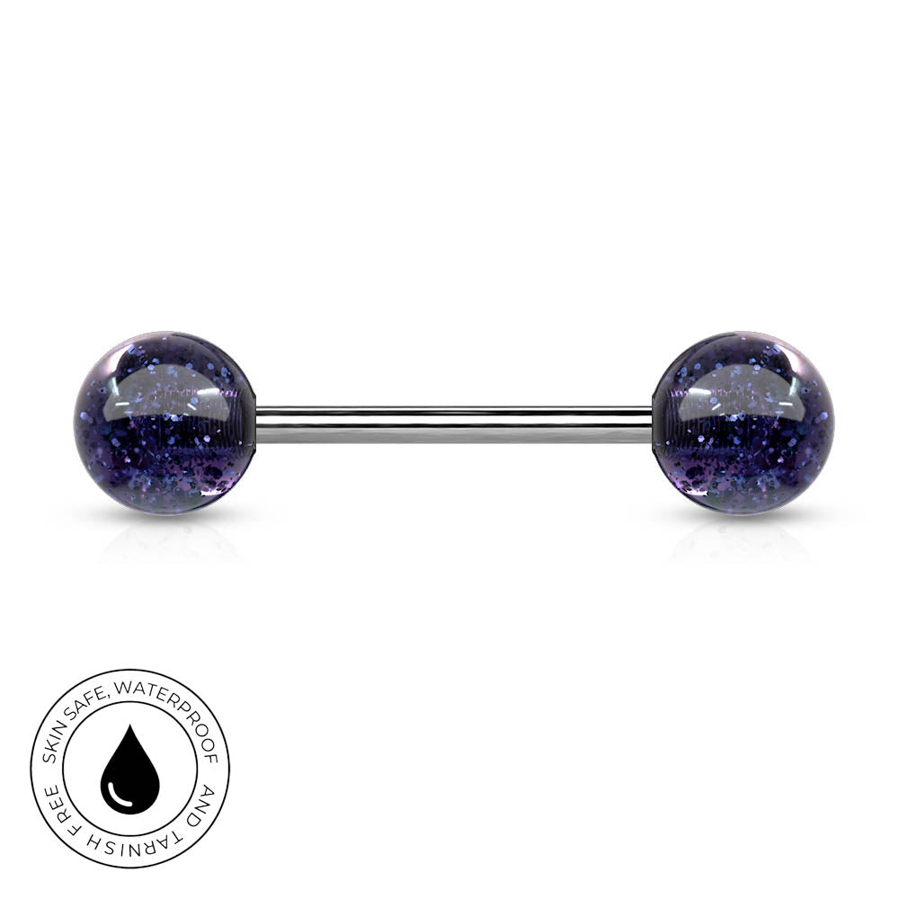 A barbell piercing jewelry piece with spherical ends filled with dark purple and blue glitter, set against a plain white background with a circular 'Skin Safe Waterproof' badge in the bottom-left corner.