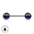 A barbell piercing jewelry piece with spherical ends filled with dark purple and blue glitter, set against a plain white background with a circular 'Skin Safe Waterproof' badge in the bottom-left corner.