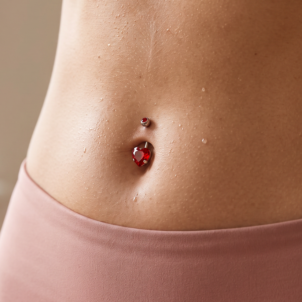 14 Gauge Titanium Crystal Heart Belly Bar worn by gym model 