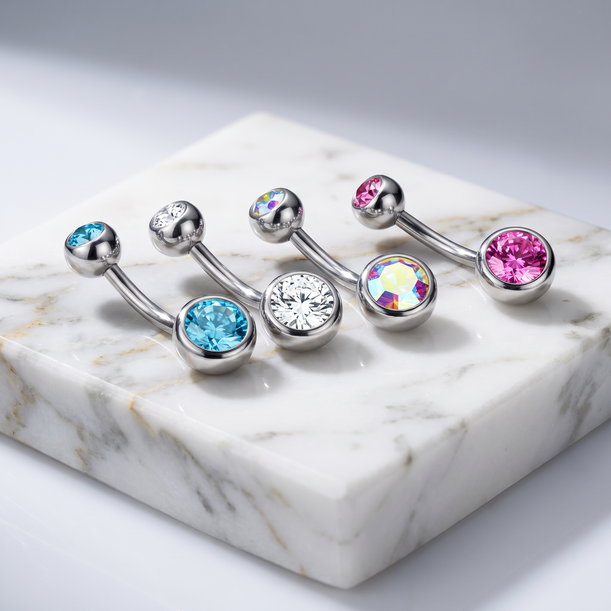 Four silver barbell belly button piercings with round gemstones in blue, clear, iridescent, and pink, arranged on a white marble slab against a light gray background.