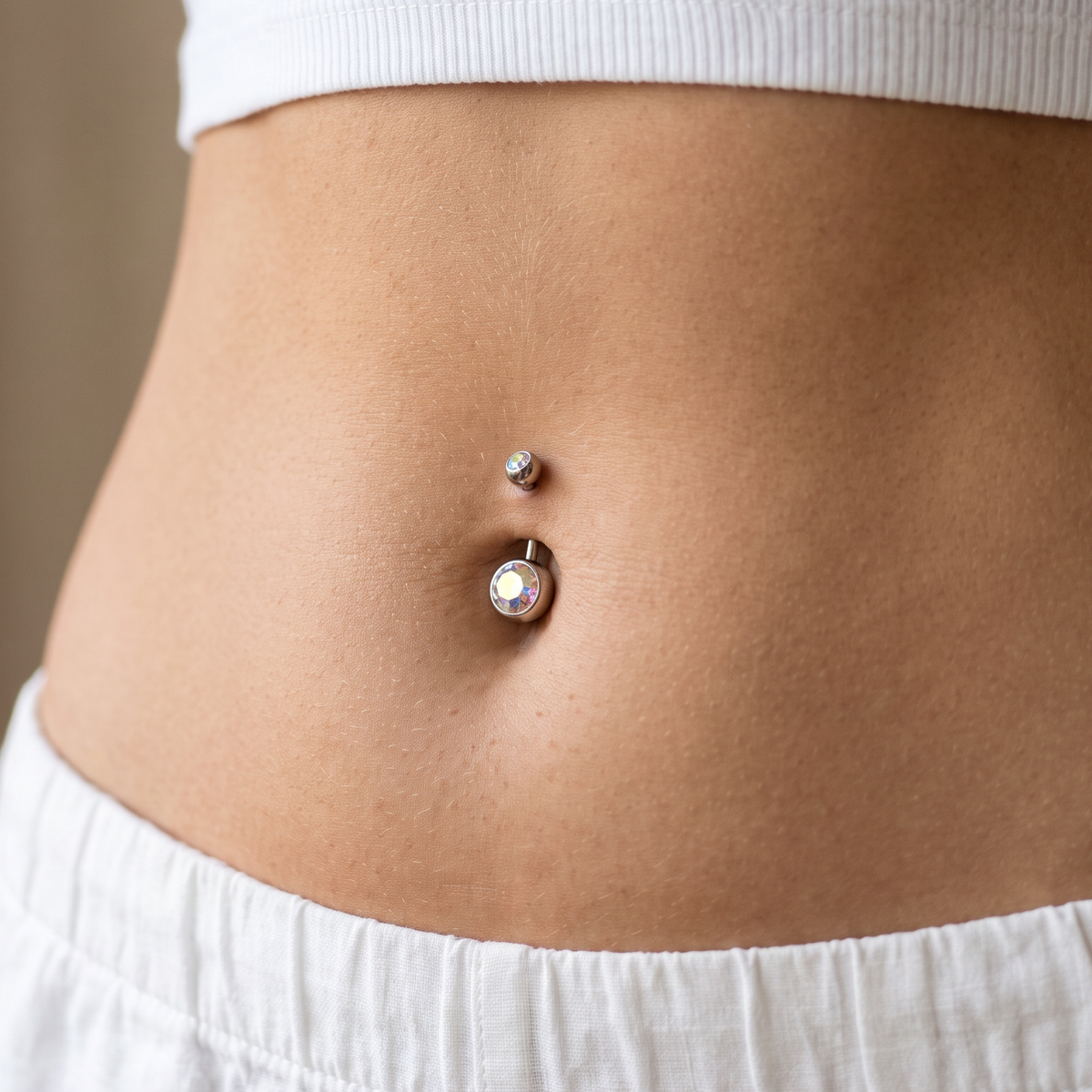 A close-up of a person's lower torso showing a double-piece belly button jewelry set, featuring a small silver stud and a larger charm with a clear rhinestone, worn on natural skin.